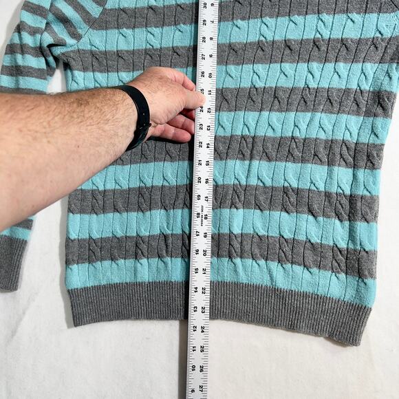 Talbots Crew Neck Sweater Woman's L 30% Lambswool Cable Knit Teal Grey Stripe - Picture 9 of 10